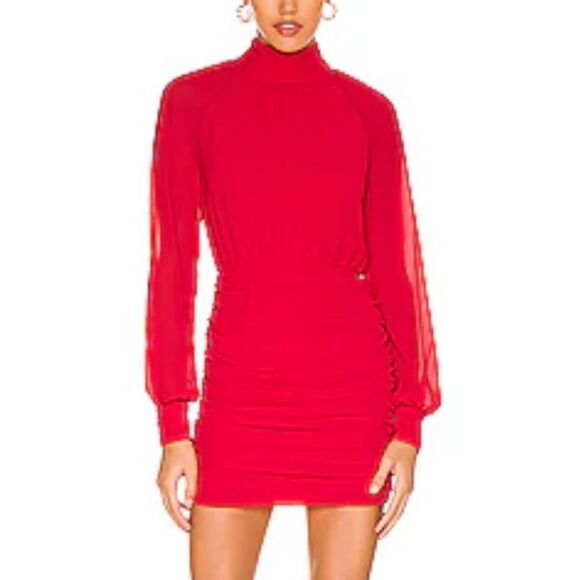 NBD Genesis Mini Dress in Red chiffon ruched Revolve NWT As Is S - Picture 1 of 8